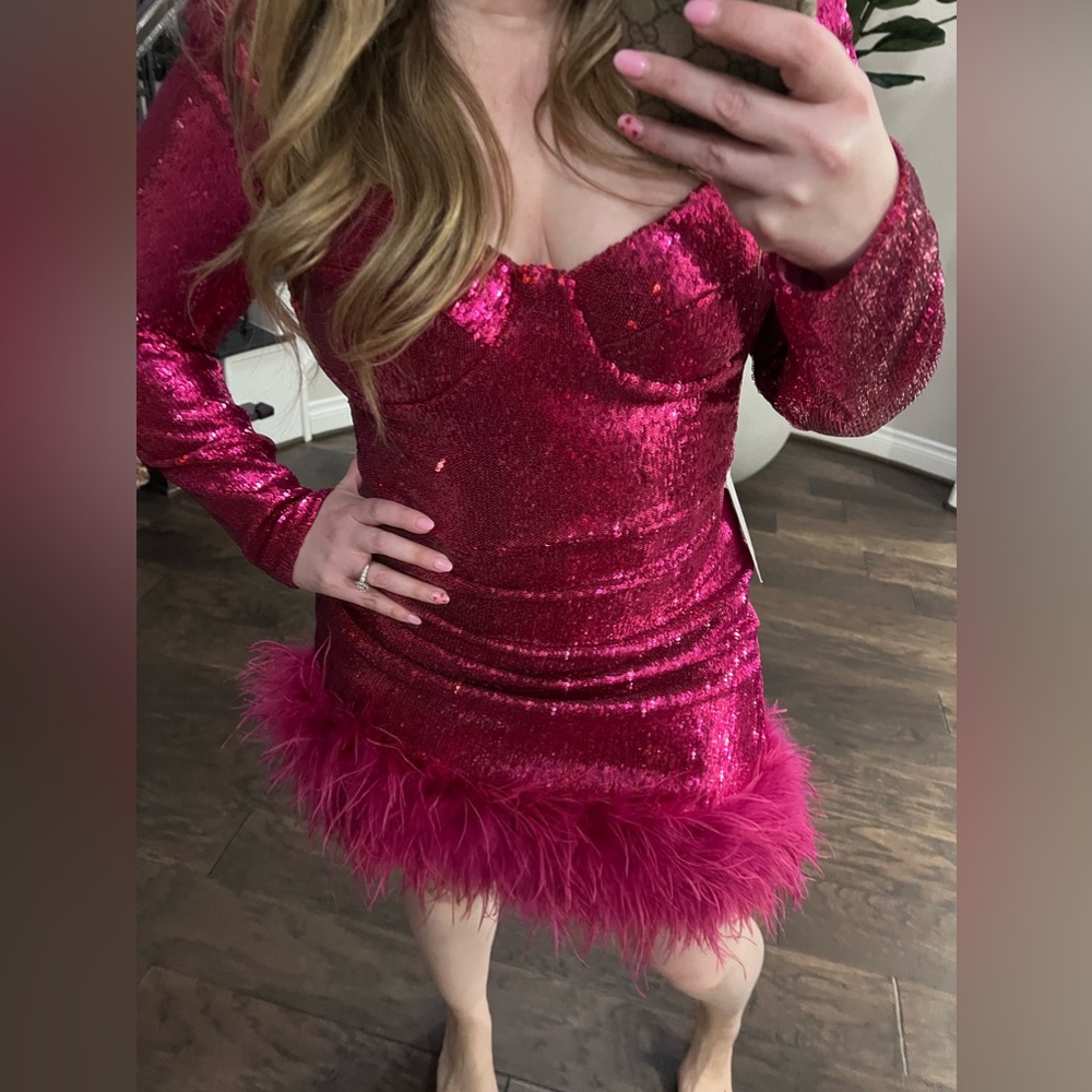 NADINE MERABI Hot Pink Sequin Feather-Hem Mini Dress